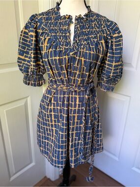 Olivia James The Label Blue Yellow Geometric Voile Bea Dress Small